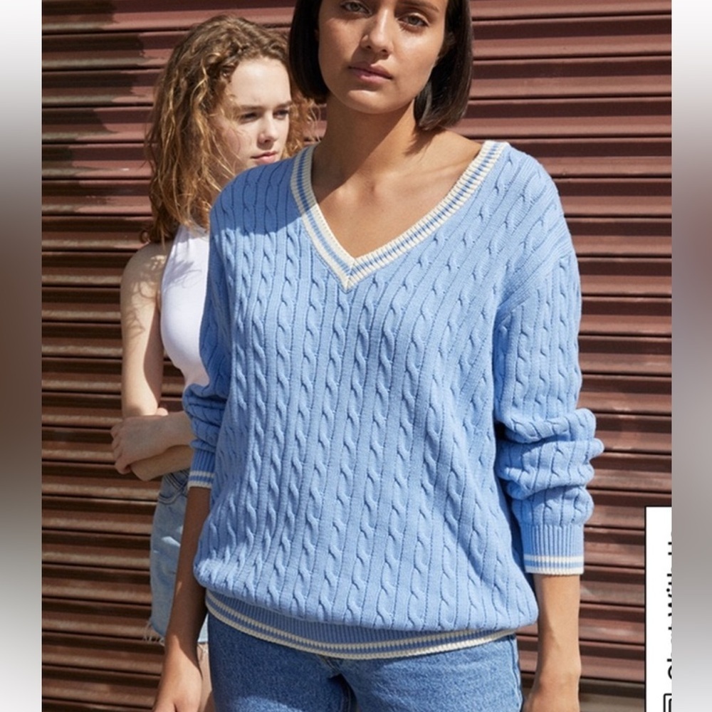 Brandy Melville John Galt blue cable knit sweater with white stripes vneck Rare